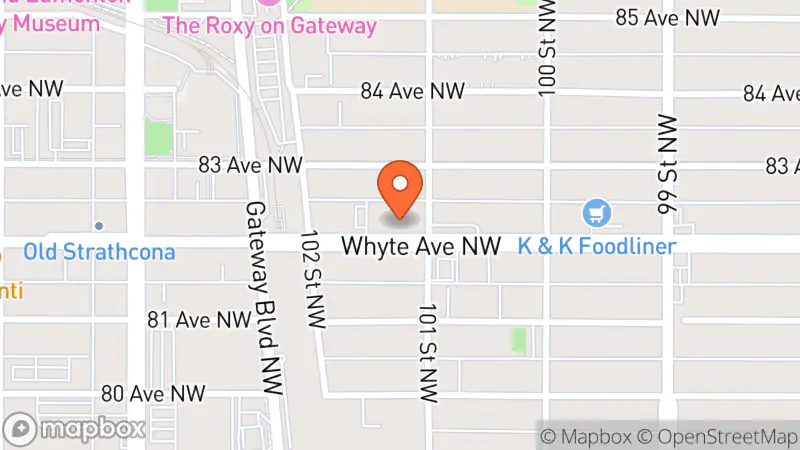 Map showing location of Goodwill Whyte Ave Thrift Store and Donation Centre