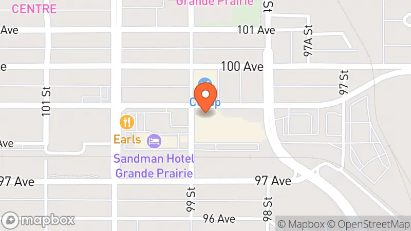 Map showing location of Grande Prairie Mission Thrift Store